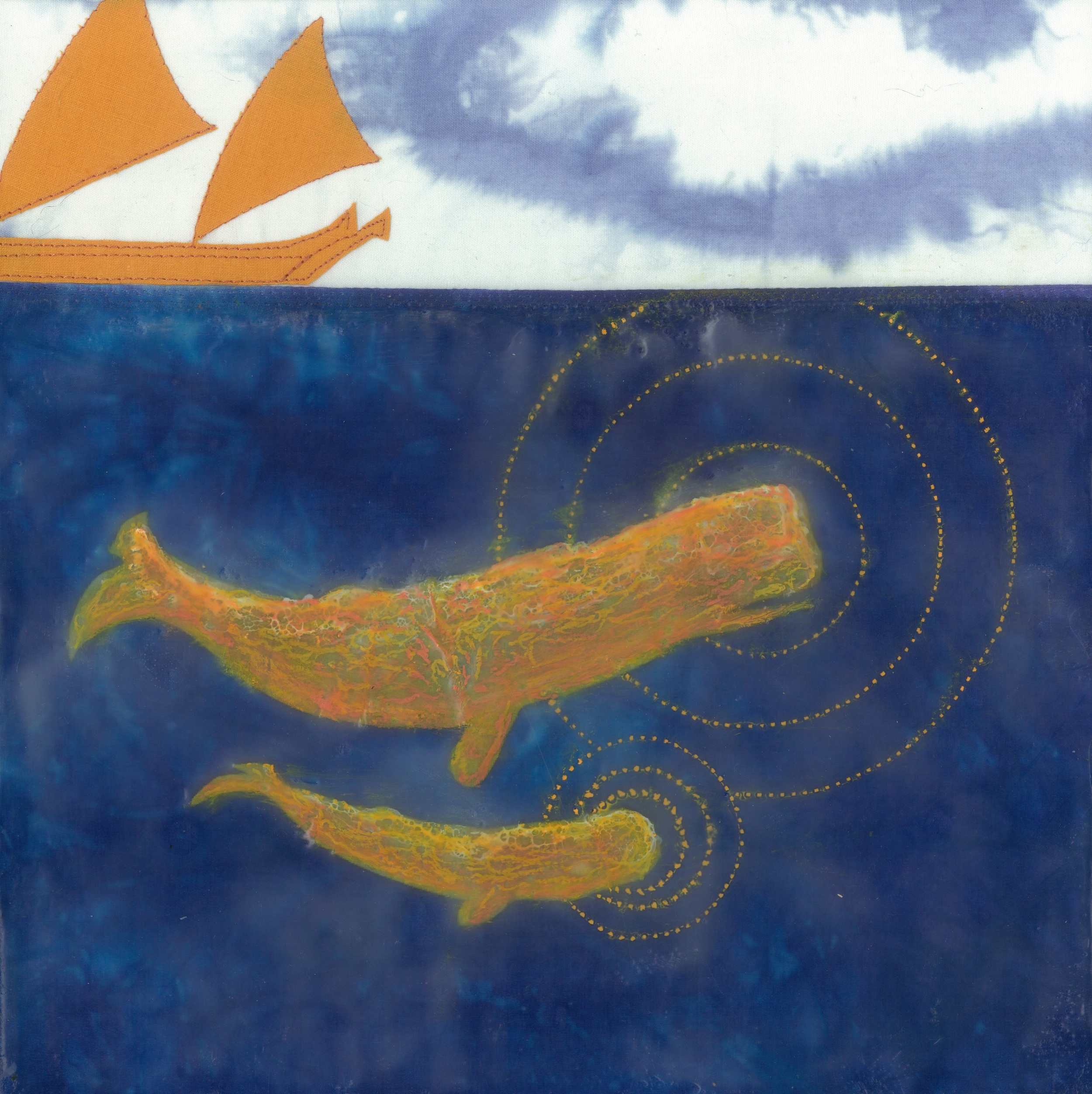 lady madonna (c) 2014. diane reardon. 10" x 10". sold (Sperm whale mother and child beneath poynesian sailboat)