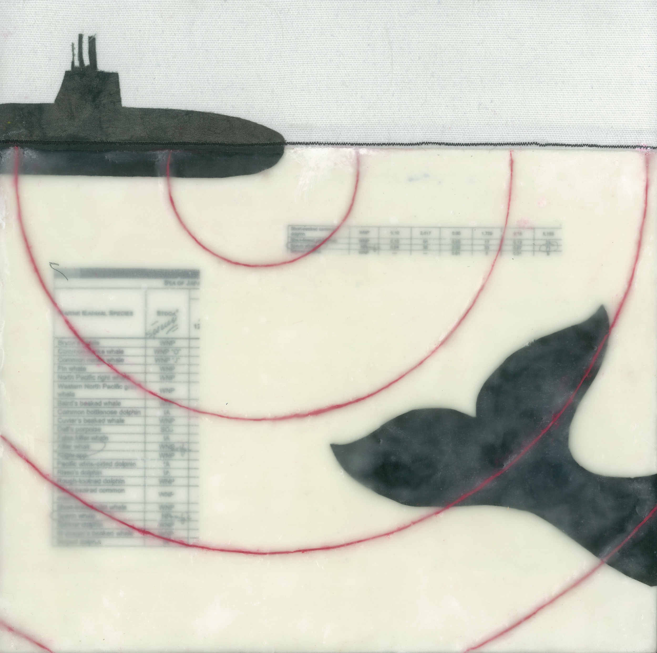 sonar i (c) 2014. diane reardon. 10" x 10". sold. (whale leaving area of submarine sonaR)