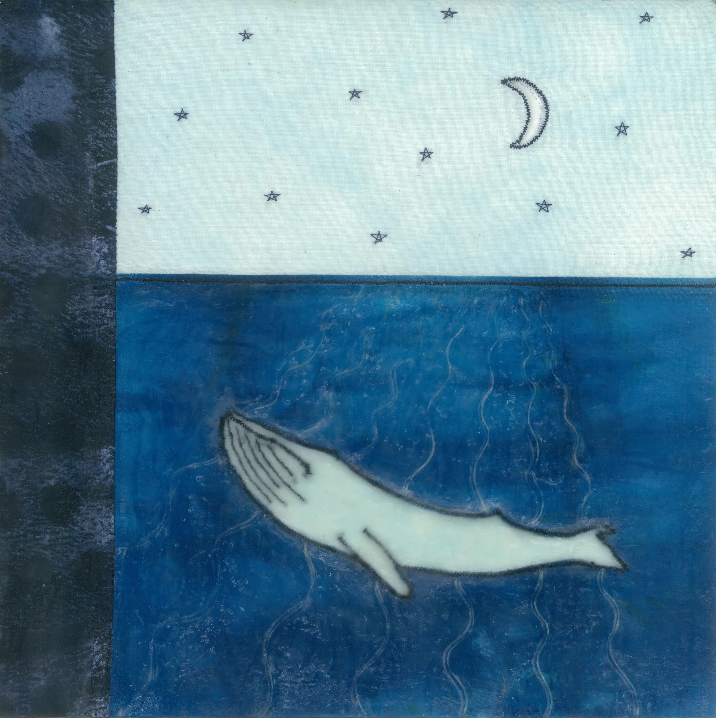 filtered beams (c) 2015. diane reardon. 10"X10". $180. (Gray whale under waxing moon)