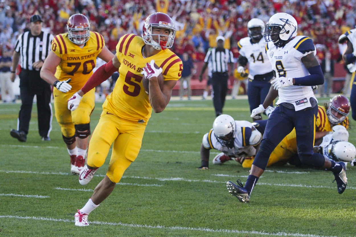 Freshman wide receiver Allen Lazard runs into the end zone for a touchdown during the Homecoming game against Toledo on Oct. 11, 2014 at Jack Trice Stadium. The Cyclones defeated the Rockets 37-30. Photo by: Kelby Wingert/Iowa State Daily.