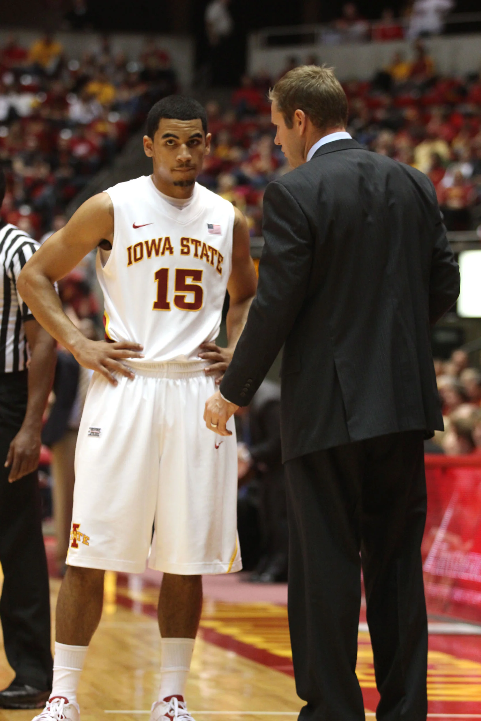 Naz Mitrou-Long talks with Iowa State coach Fred Hoiberg during his freshman season. Photo by William Deaton/Iowa State Daily