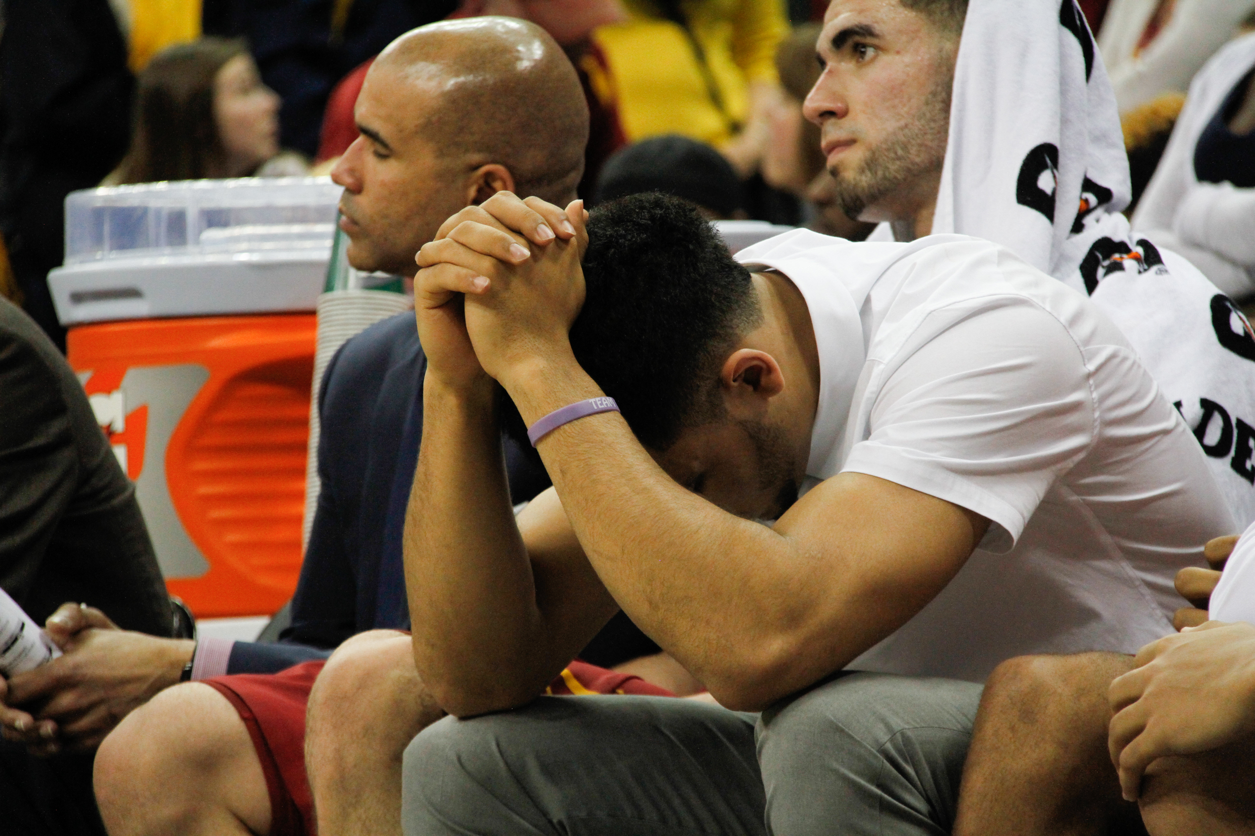 Naz Mitrou-Long reacts during Iowa State's loss to Oklahoma at the 2016 Big 12 tournament in Kansas City, Missouri. Photo by Max Goldberg/Iowa State Daily.