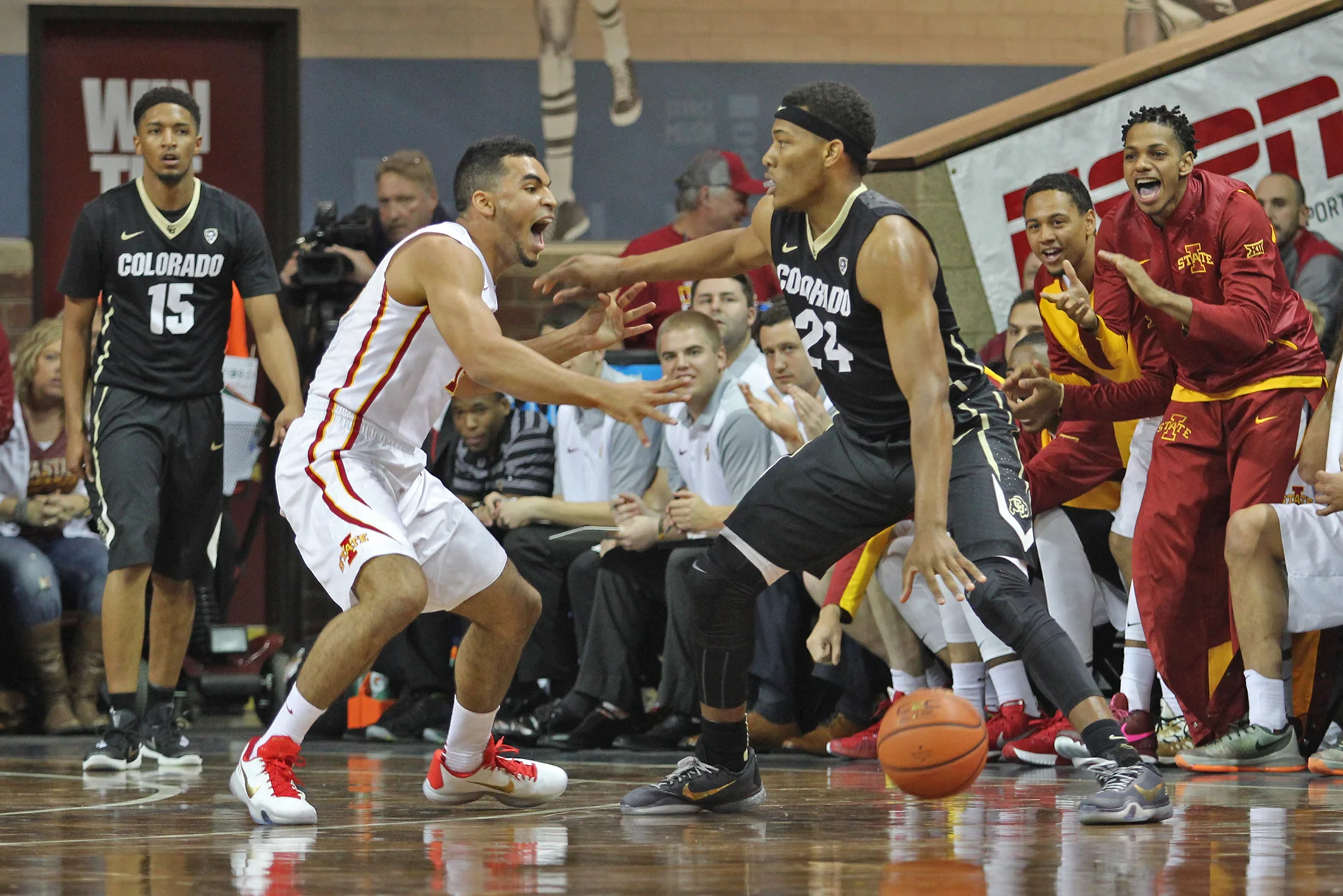 Naz Mitrou-Long guards a Colorado player in the Cyclones' 2015-2016 season opener in Sioux Falls, South Dakota. Photo by Ryan Young/Iowa State Daily.
