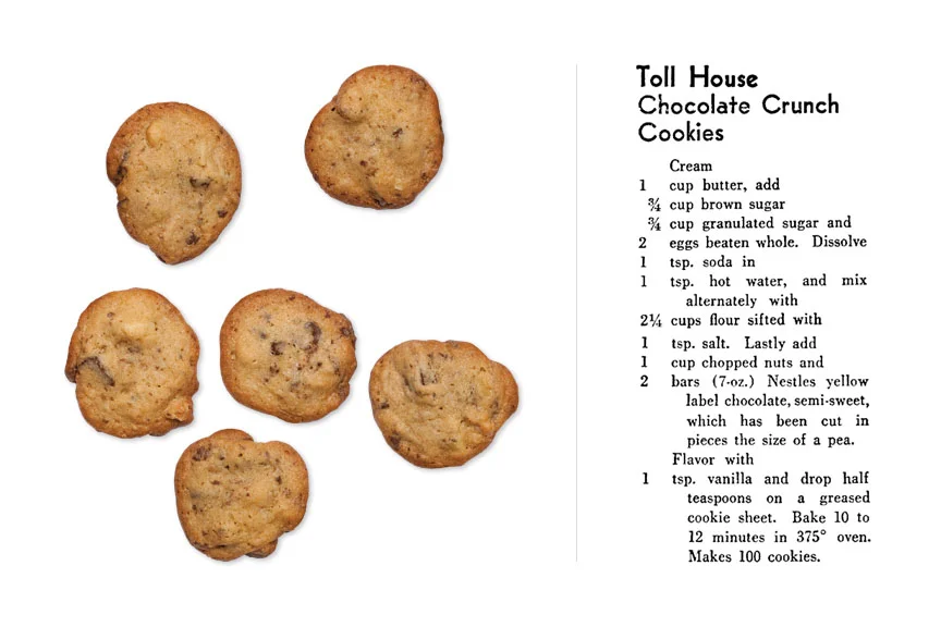The original chocolate chip cookie recipe created in the late 1930s and cookies made from the recipe.
