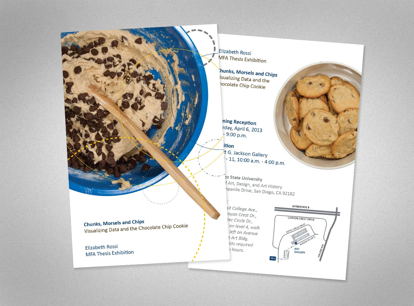 Exhibition postcard to announce my exhibition. Designed to reflect both my thesis focus, information graphics and my data set, the chocolate chip cookie recipe as well as entice visitors to my exhibition.