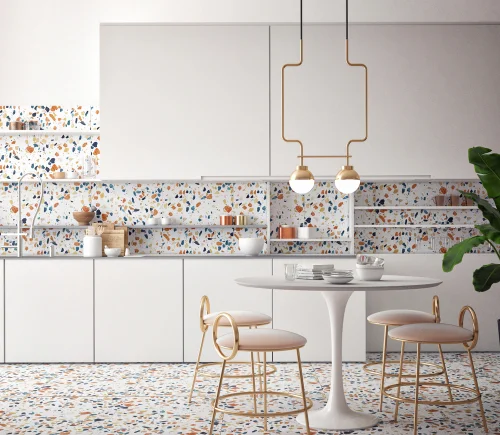 Terazzo kitchen backsplash and floor