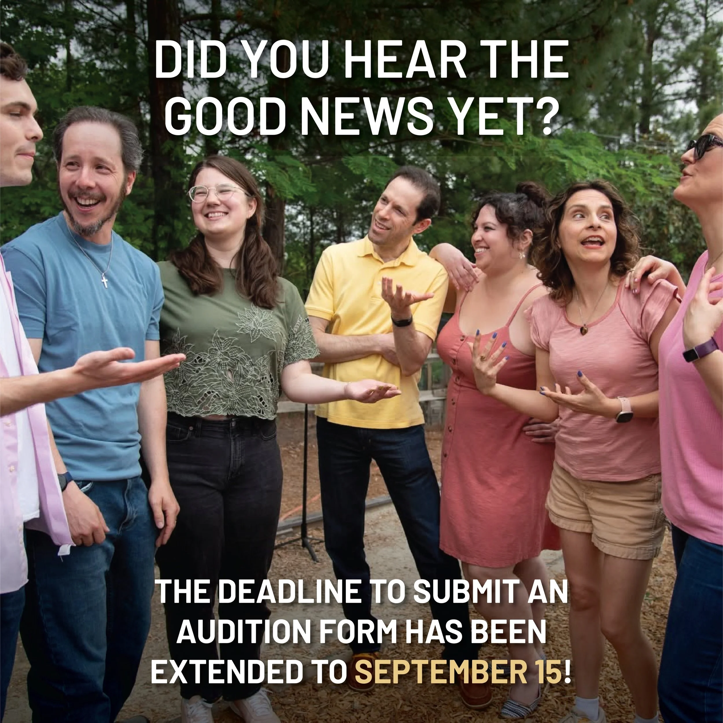 We&rsquo;re extending the audition submission deadline to September 15! Thank you to everyone who has already sent us their forms, we can&rsquo;t wait to start reviewing them soon!

If you haven&rsquo;t yet: download and fill out the form from the li