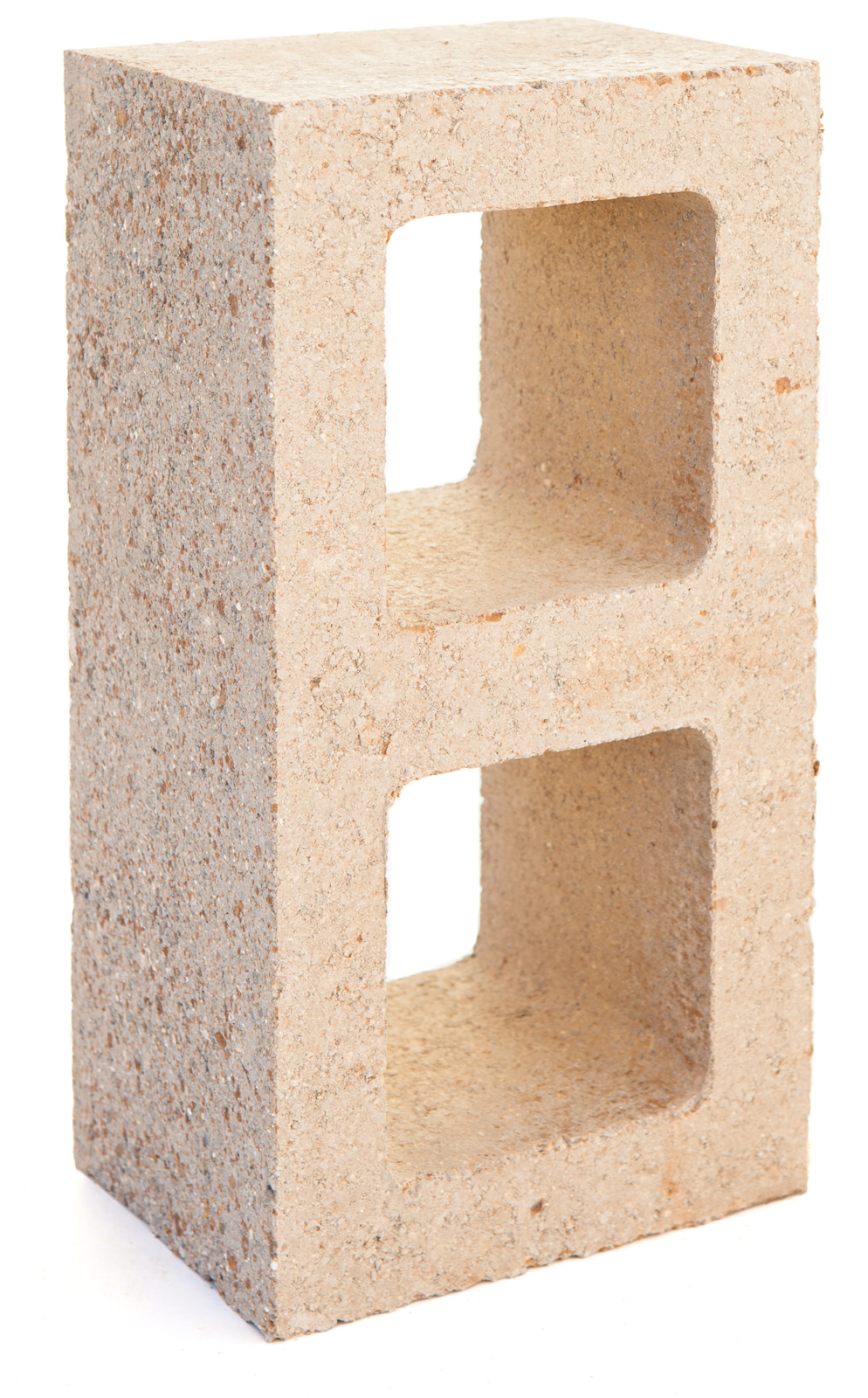 Watershed Block made with half the cement of an ordinary concrete block. The block derives its natural appearance from the mineralogy of locally sourced recycled material.