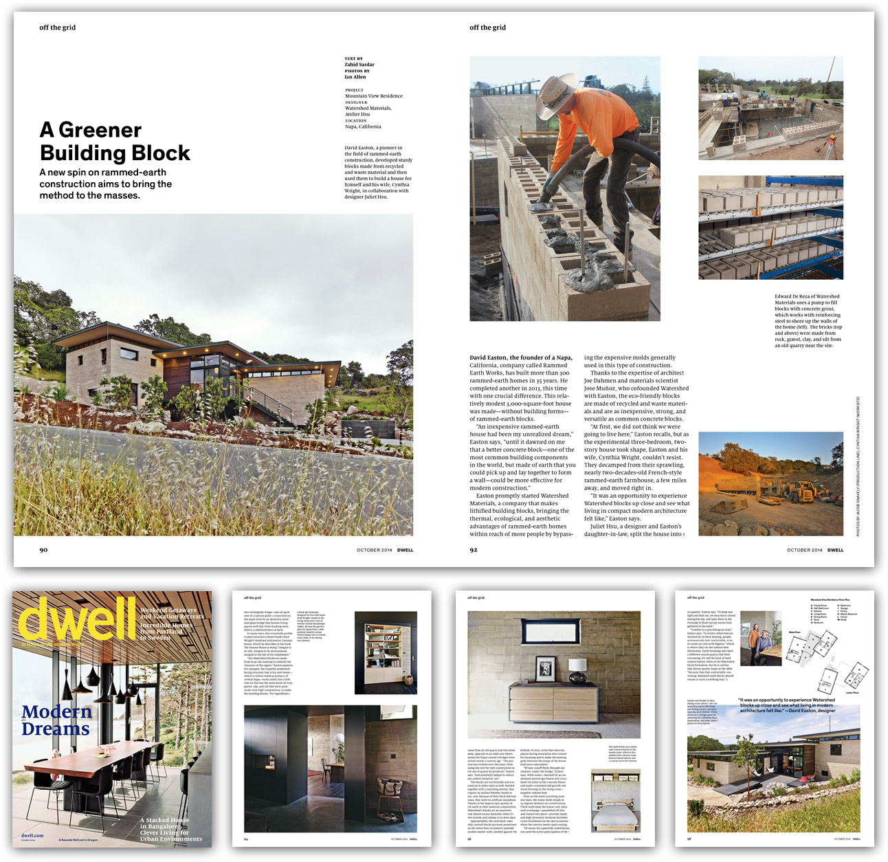 Dwell Magazine October, 2014 "David Easton, a pioneer in the field of rammed-earth construction, developed sturdy blocks made from recycled and waste material and then used them to build a house for himself and his wife, Cynthia Wright, in collaboration with designer Juliet Hsu. In many ways, this essentially prefabricated structure echoes Frank Lloyd Wright’s idealized midcentury Usonian house, which he describes in his book The Natural House as being 'integral to its site, integral to its environment, integral to the life of the inhabitants.' 'Our Watershed blocks are made from local raw material to embody the character of the region,' Easton explains."
