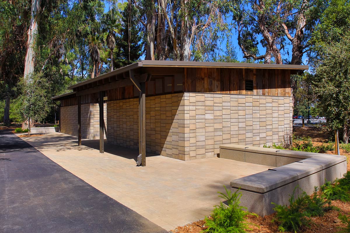 The new restrooms near the tour bus parking lot on Lausen will be one of the first building many visitors to the Stanford campus see, followed quickly by Hoover Tower, Memorial Church, and the other one hundred year old sandstone buildings that make up the central quad. Image credit : © SkyHawk Photography - Brian Haux