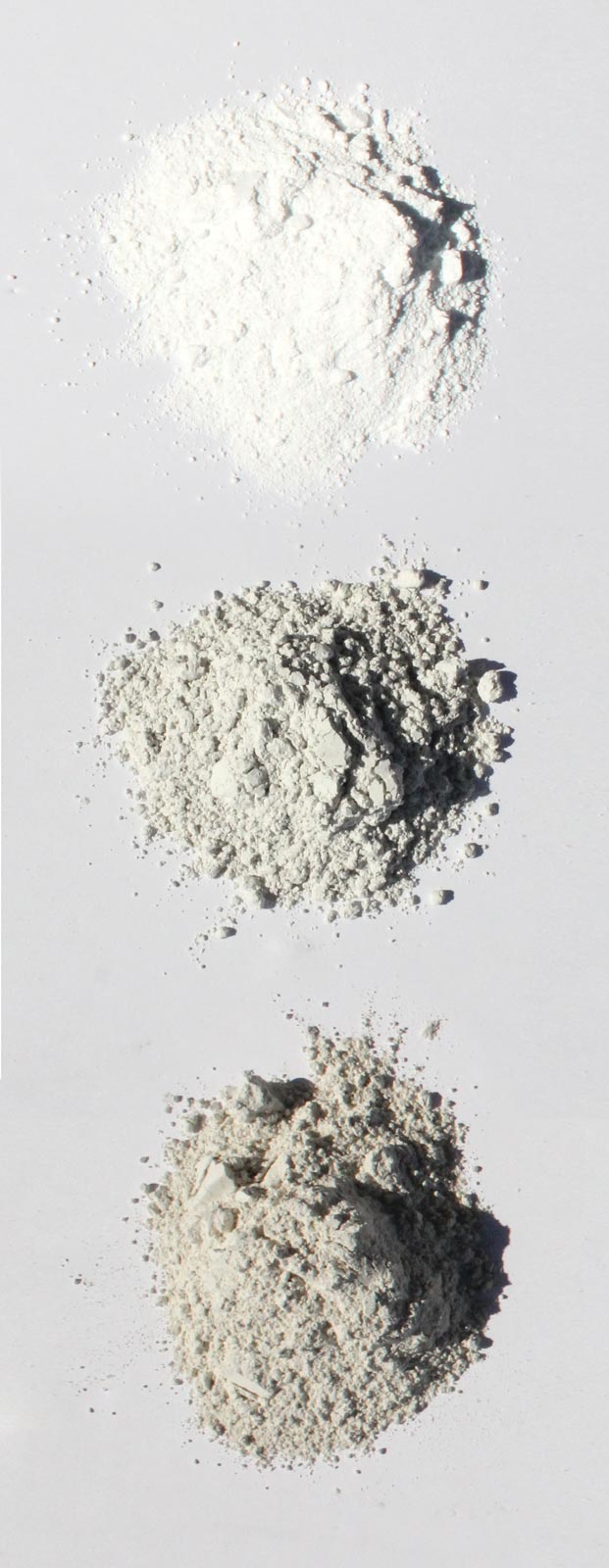 From the top : powdered lime, ground granulated blast furnace slag, and natural aluminosilicates.