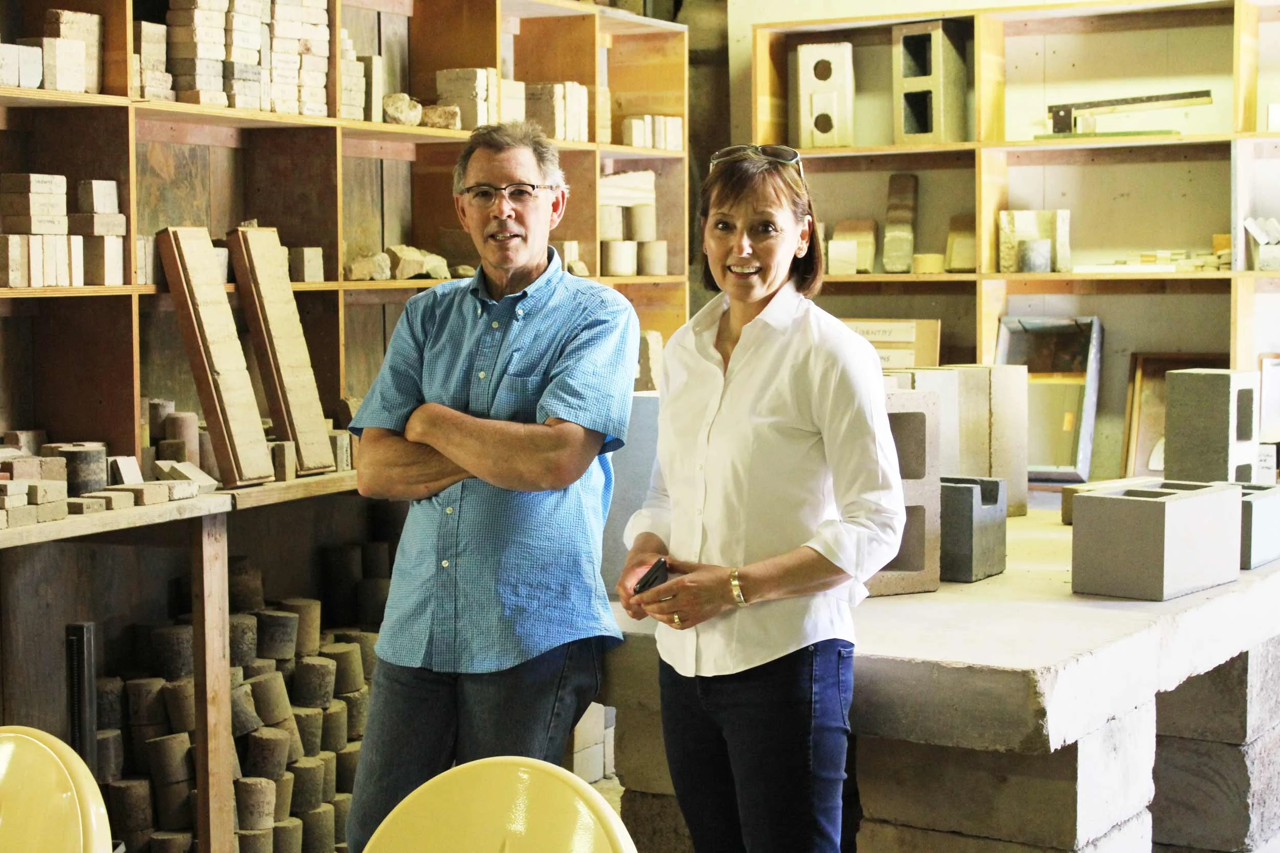 David Easton of Watershed Materials and Gaye Quinn of Westlake Urban at Watershed Materials’ lab in Napa, California, discussing the viability of making structural masonry units from repurposed excavation from the Kirkham Project in San Francisco.