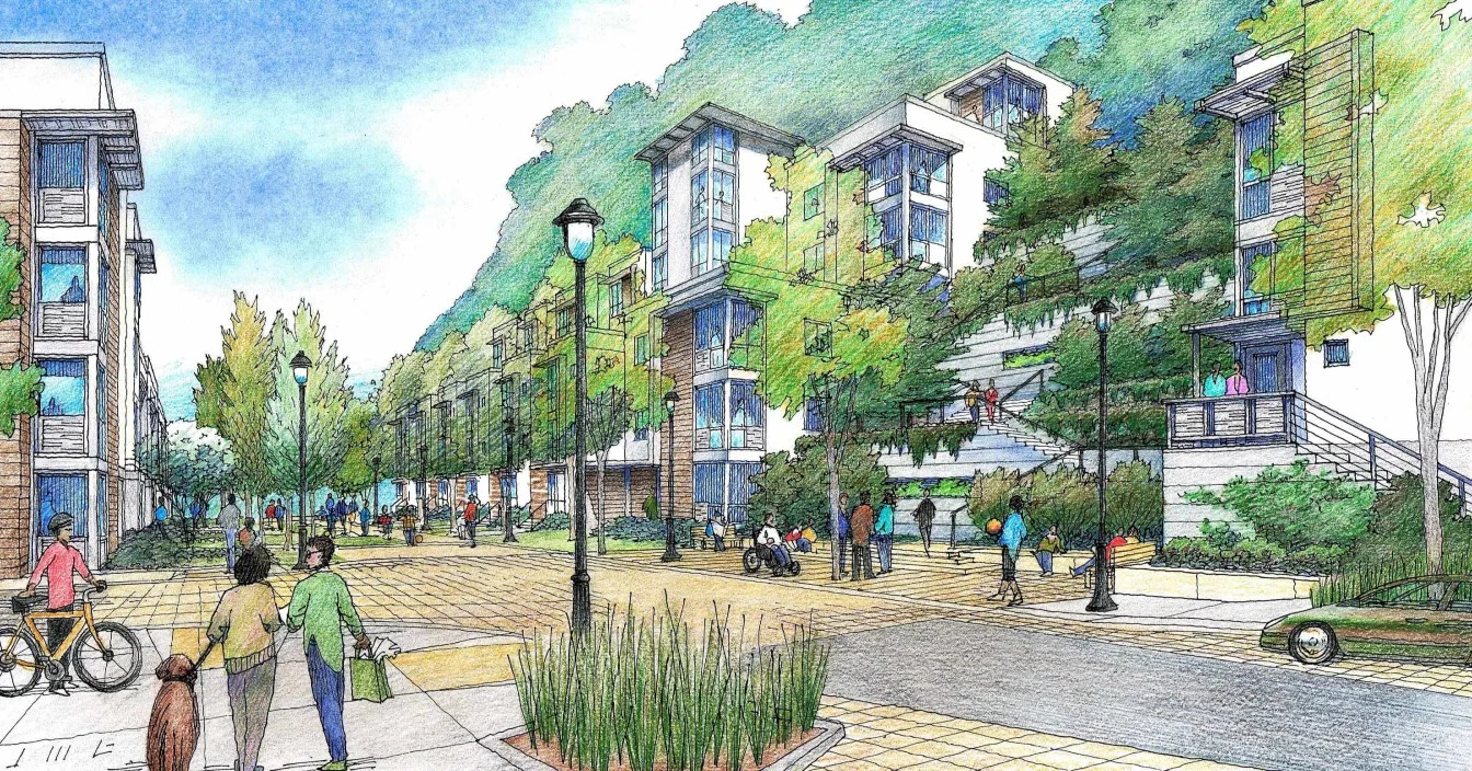 The Kirkham Project Community Plaza, a one-quarter acre accessible open space in the center of the development, provides excellent opportunities for installation of Watershed Materials blocks as pavers and landscaping features.