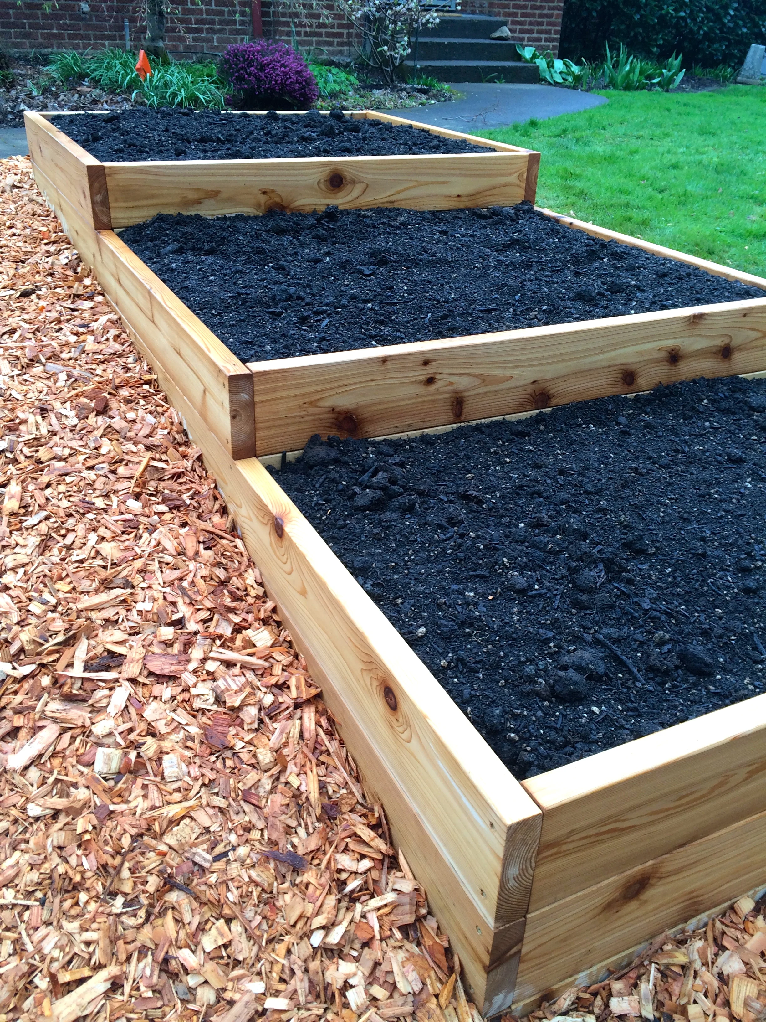 Terraced raised beds with cedar woodchip mulch