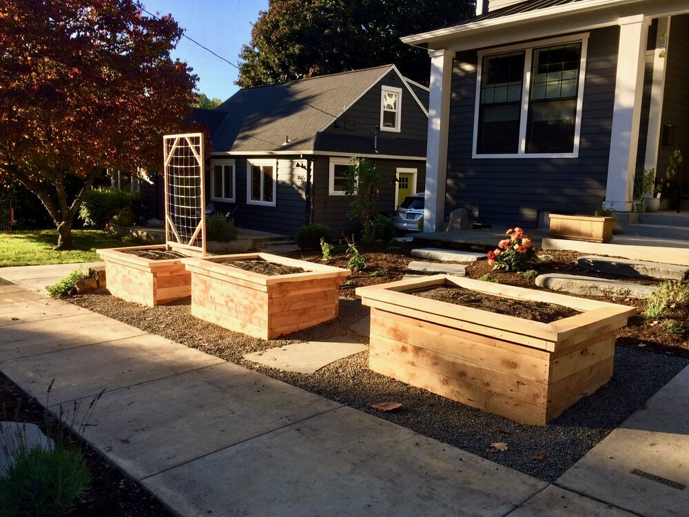 Juniper Raised Garden Beds w/ bench tops and cedar trellis