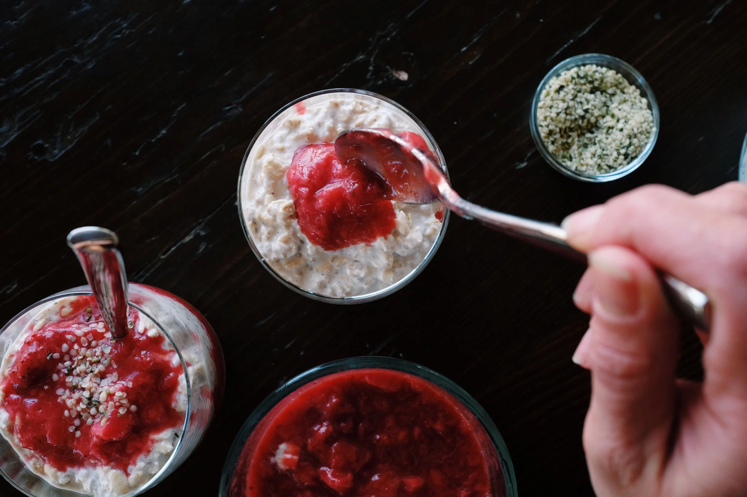 Easy Overnight Oat &amp; Chia Pudding with Strawberry Rhubarb Compote