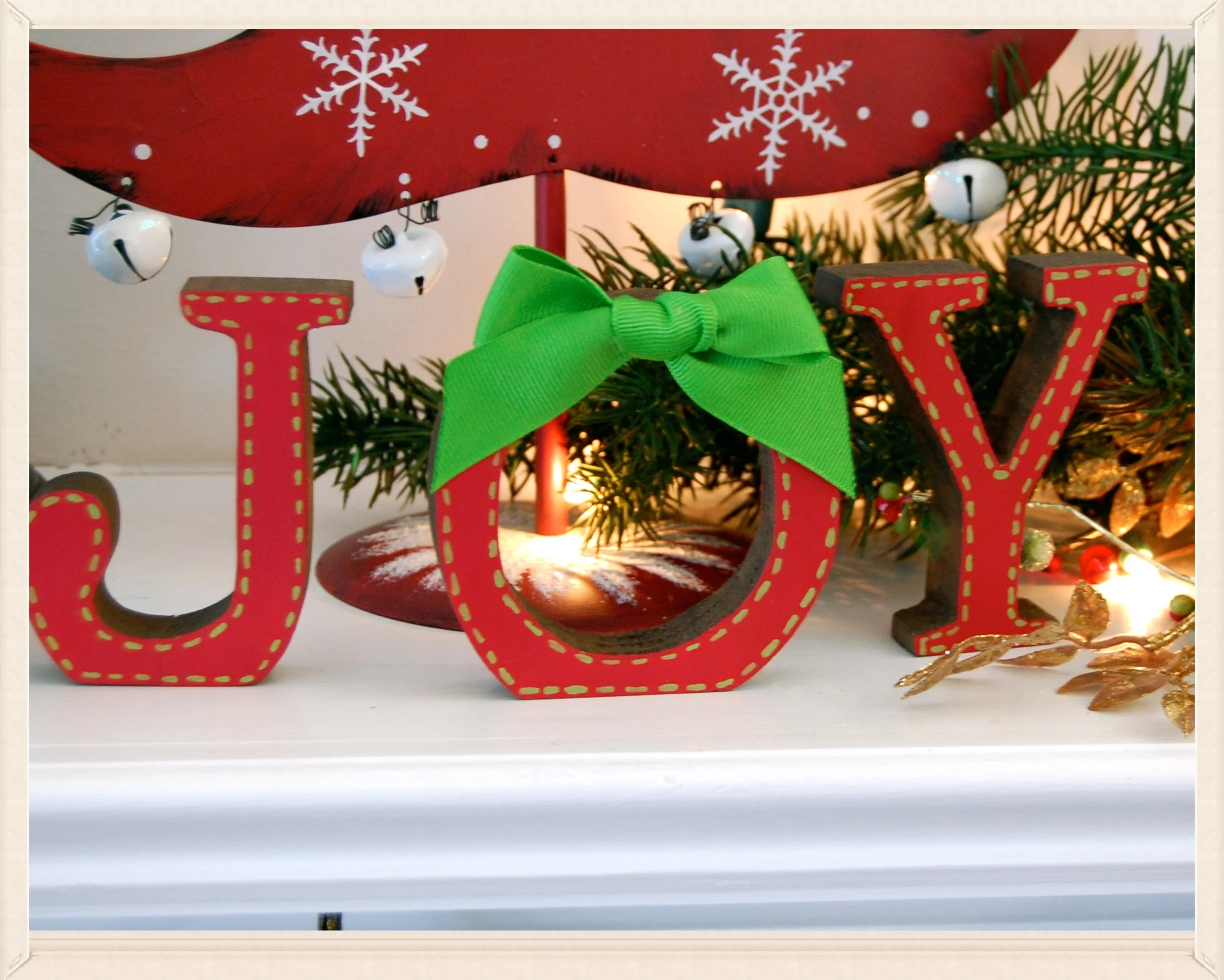 J O Y wooden letters . acrylic paints . ribbon