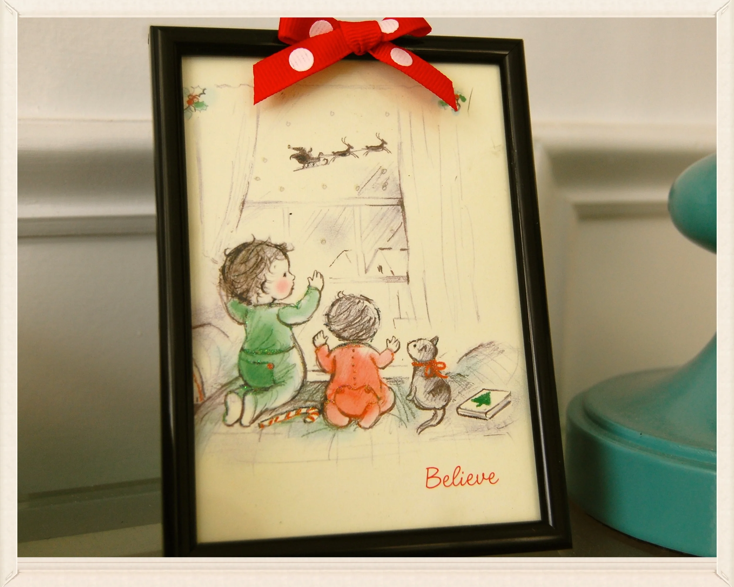 framed Christmas card cute Christmas card ♥ . 4x6 frame . dotted grosgrain ribbon