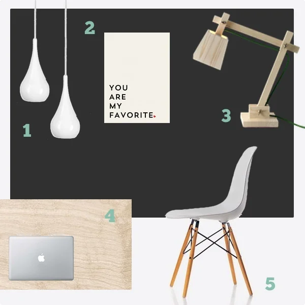 1) Dropalaga ljós 2) You are my favorite poster frá Society6 3) Wood Lamp frá Muuto 4) Birki bekkplata 5) Eames DSW stóll