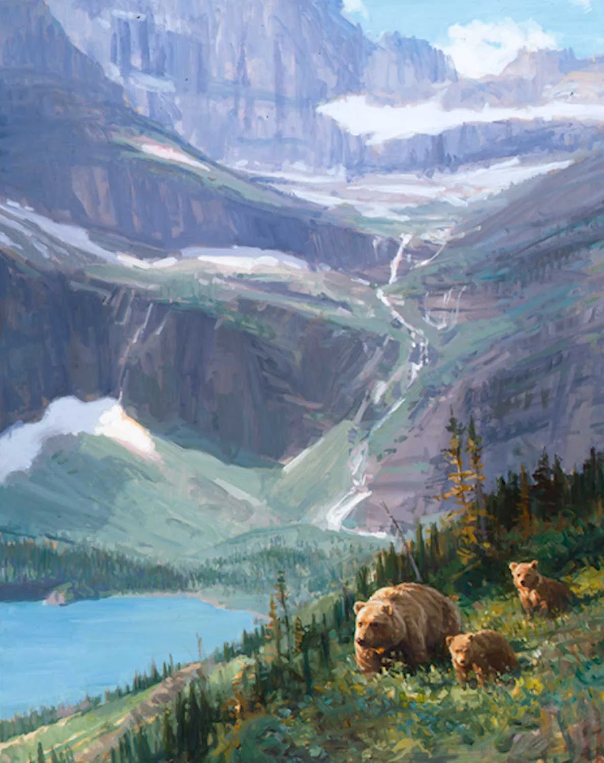 Glacier Park Grizzly bears art print Grinnell Lake Many Glacier trail Mt Gould by Joe Abbrescia