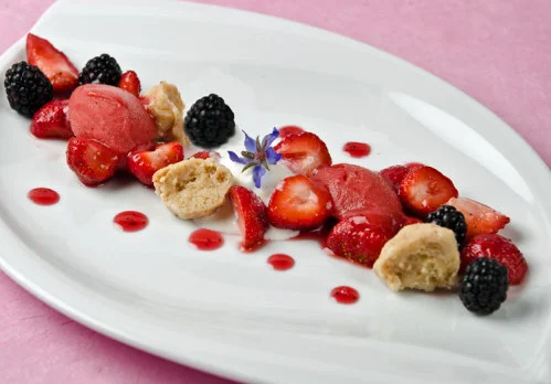 Dessert at a Michelin star restaurant specializing in local products.