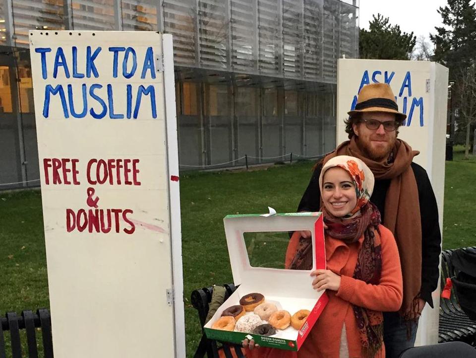 Mona Haydar and her husband, Sebastian Robins, outside a library in Cambridge, MA, December 2015.