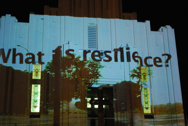 After flooding in Queensland, Australia, teens in Ipswich were asked to define resilience. Their responses were projected for the Writing’s Off the Wall project, part of the Creative Recovery Program. Photo © Scotia Monkivitch from Public Art Review .