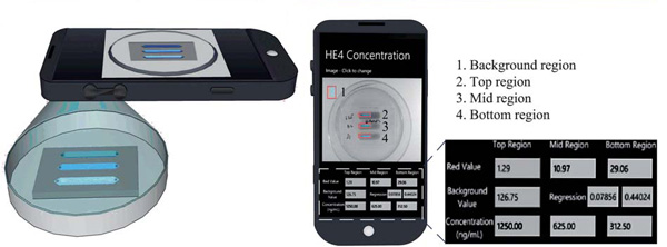 Cell phone takes an image of ELISA results and compares the color to calibrated curves