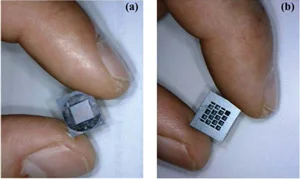 Fabricated 0.25 cm2 microsyringe showing (a) needles and (b) reservoirs on reverse.
