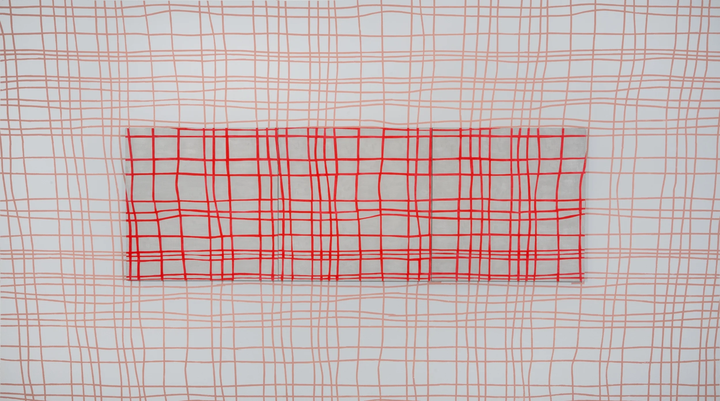 Developments, Flashe and oil on linen panel, latex on wall, 9'x16', 2014
