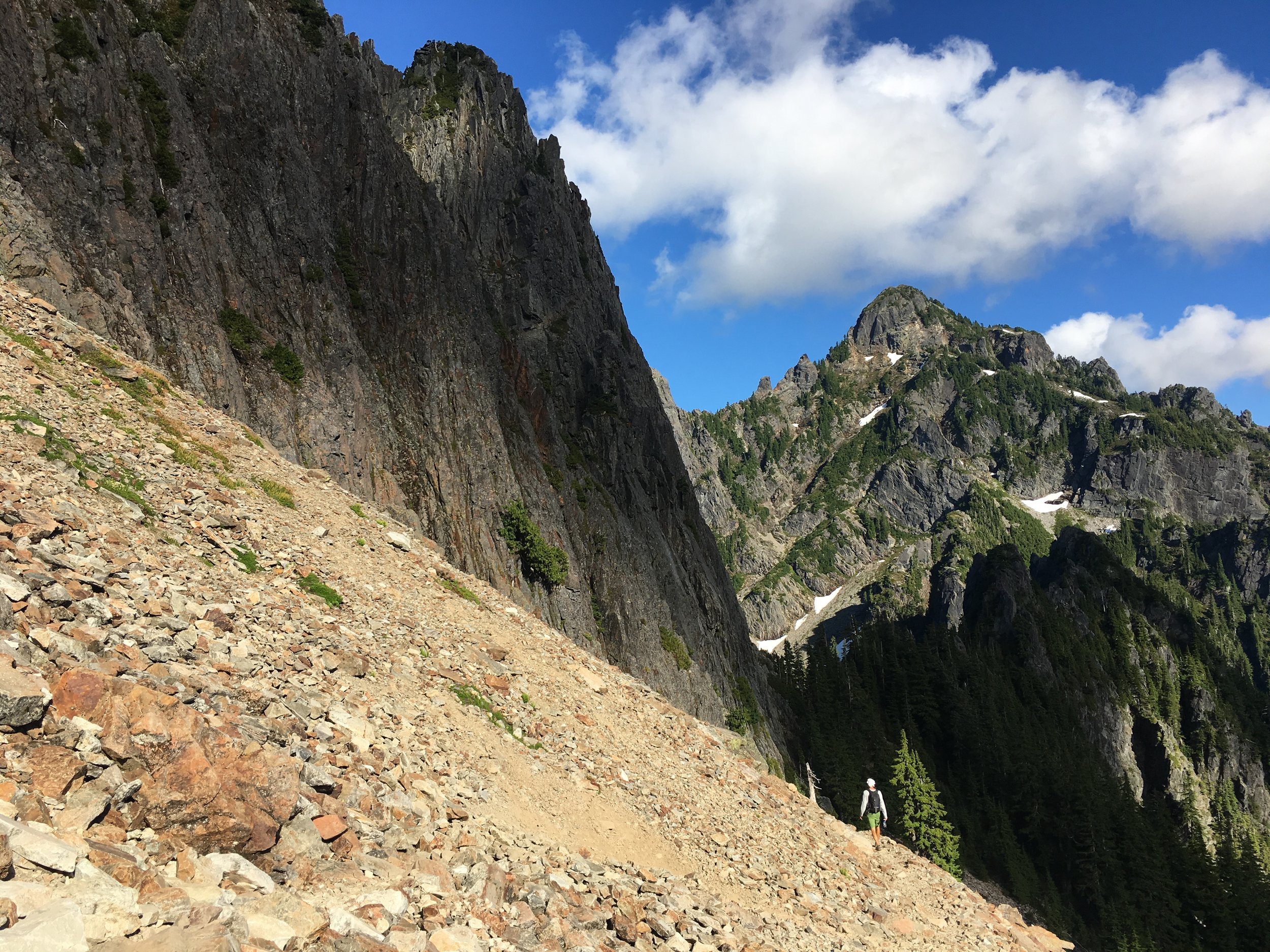 Pictured lower right, David, hiking steep canyons in the Cascade mountains, 2018.