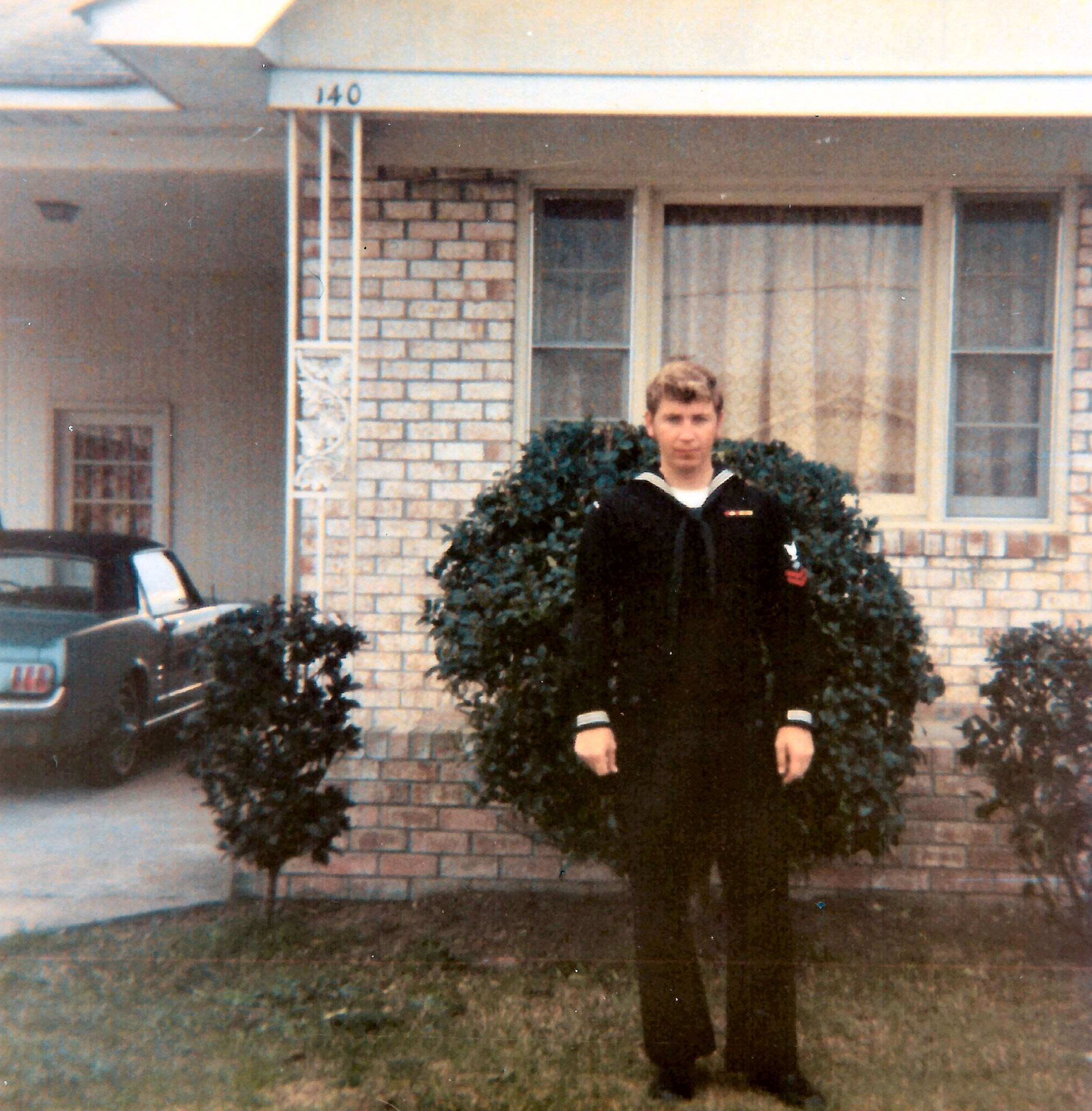  Charleston, South Carolina living in Navy housing after Vietnam and a year of nuclear power school. Jane’s 1965 Mustang in the background, which they would eventually drive to CA. 1971. 