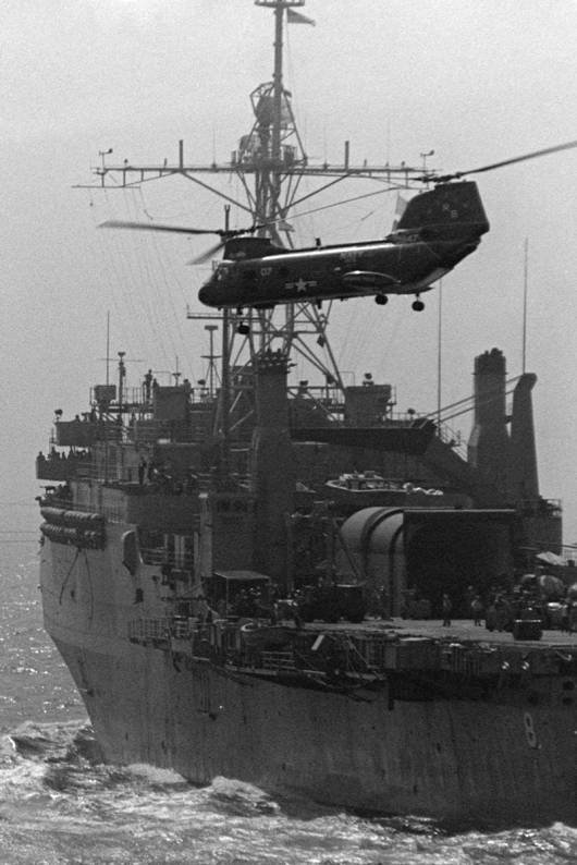  A Chinook helicopter takes off the USS Dubuque during the time Darrel served aboard. 1970. 