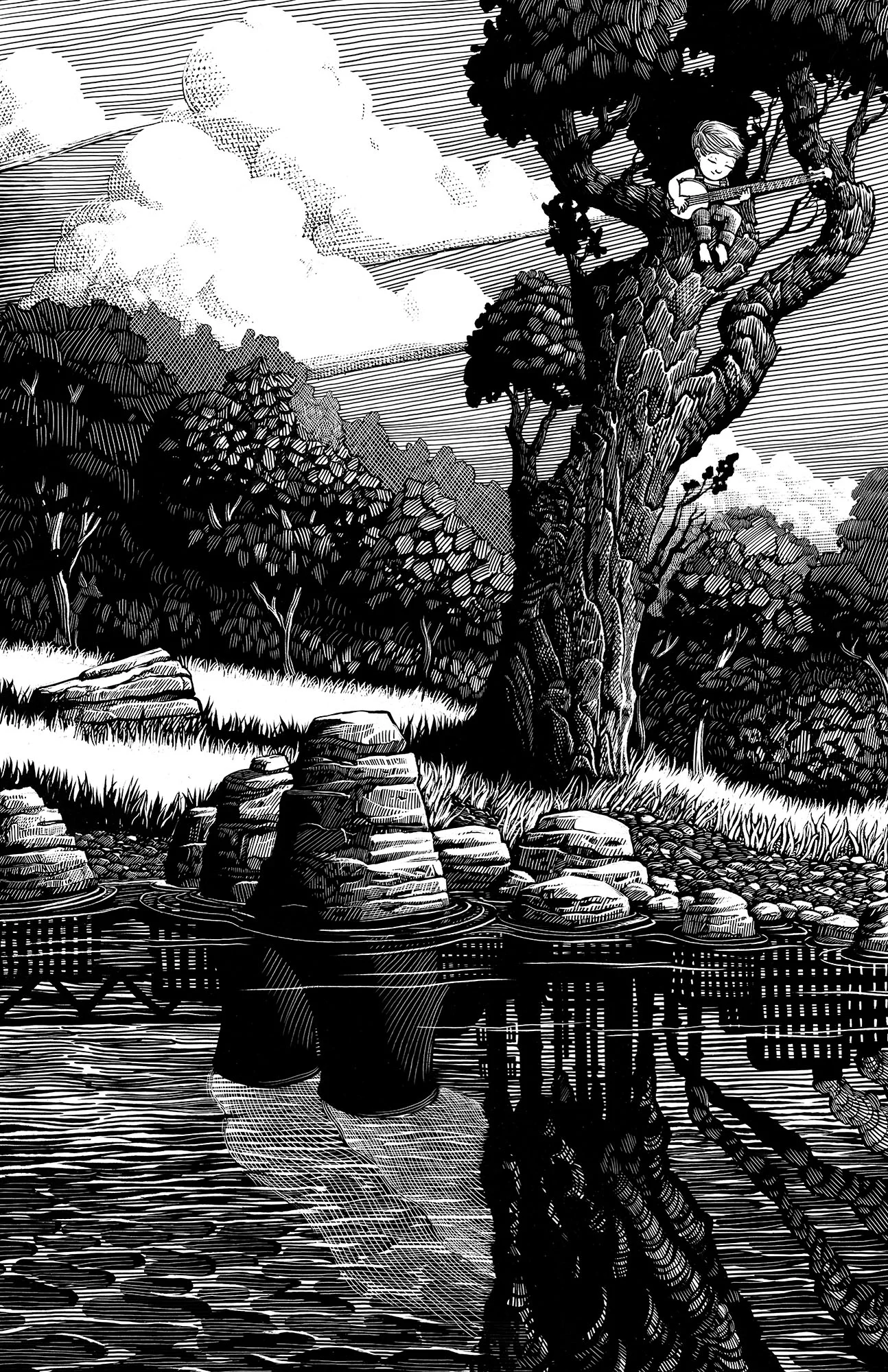 Boy in a Tree Scratchboard