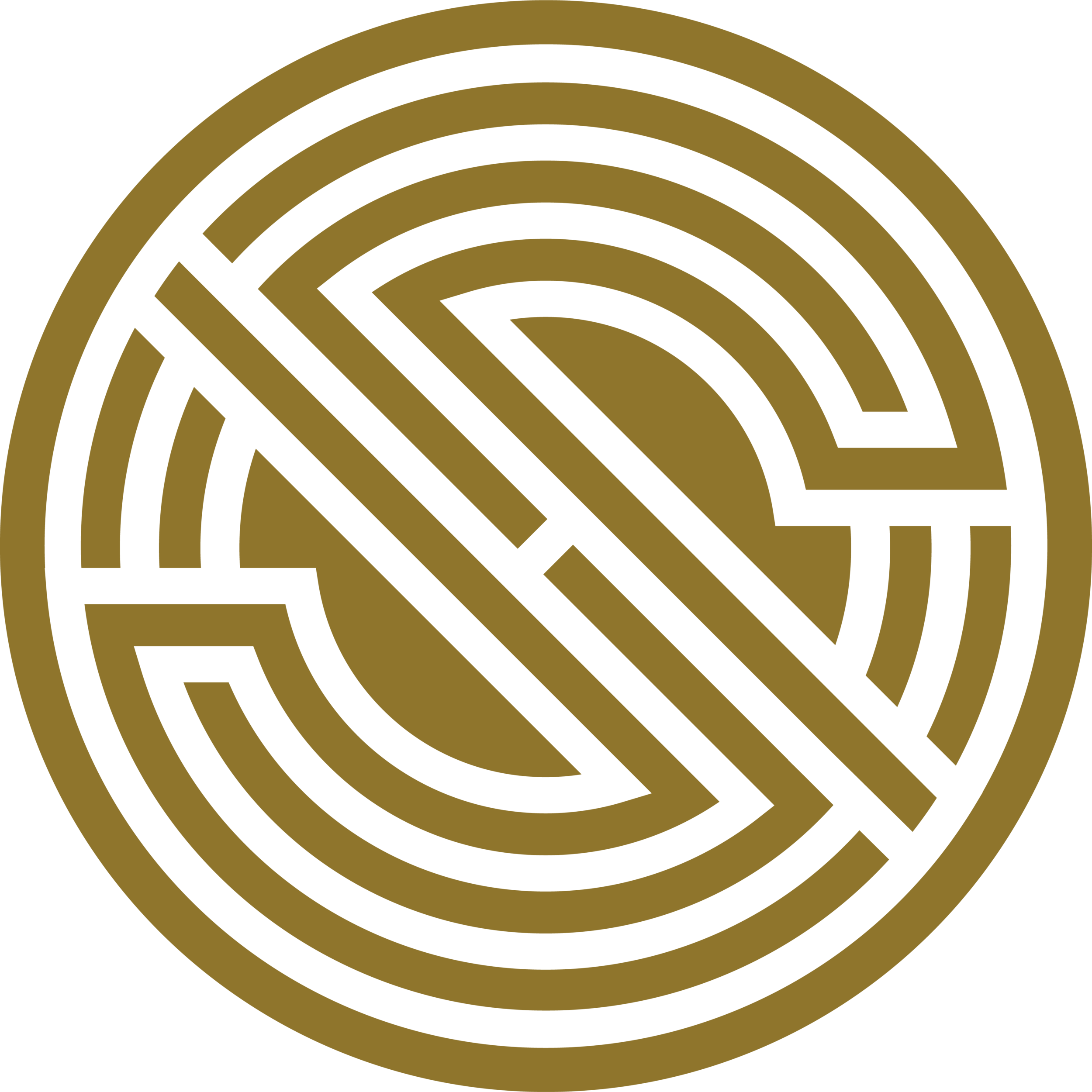 A circular maze with a gold outline and black pathways, featuring a large integrated design element.