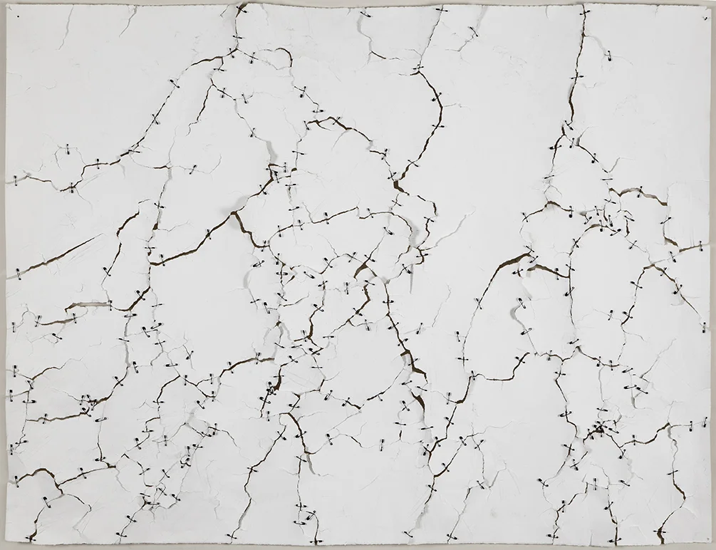  Drawing with a bullwhip, 1,  2008 37.5 x 50 inches Paper and safety pins 