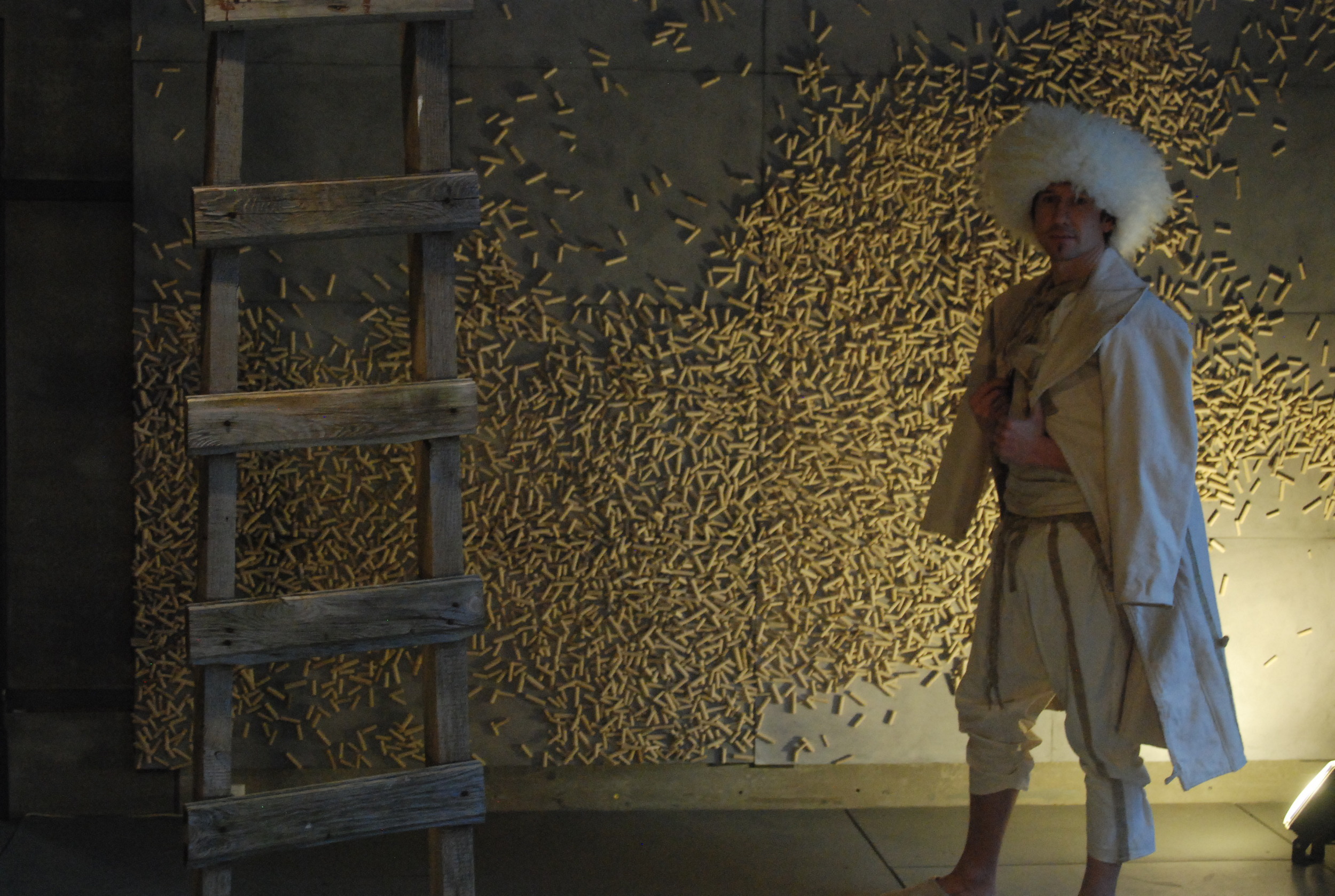   I fragmented a retired Soviet army tent and created an installation using its most exterior layer as a stage curtain, its second flannel layer for flat wall works made of thousands of scrolls, and its most interior cotton layer for the production o