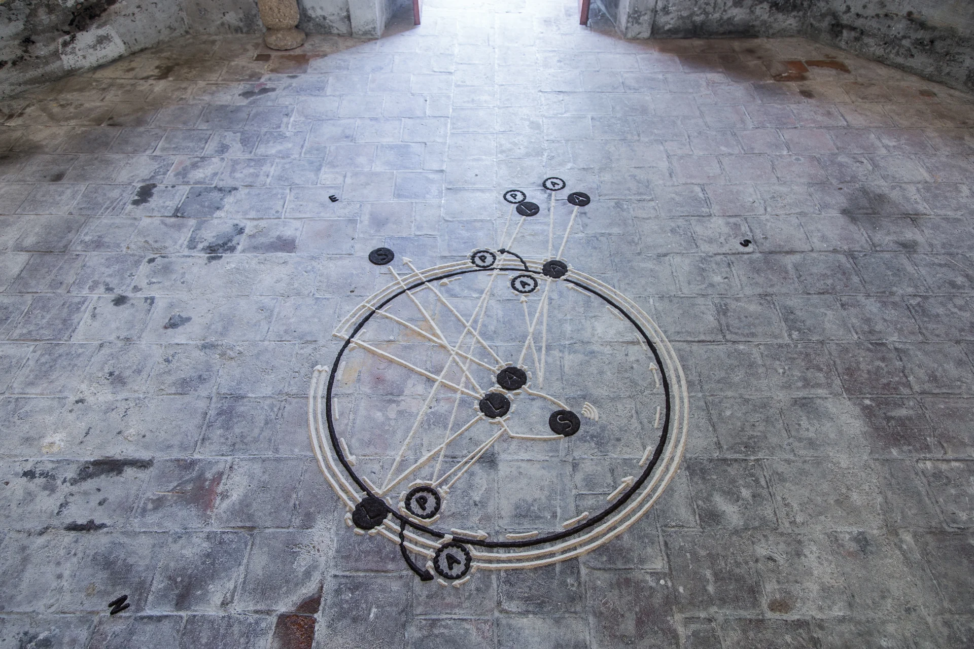   Idus Martiae movement diagram,  2016 &amp;  untitled (Chevaux de Frise),  2015 120  x 100 inches Sand and soil Igreja do Clavário, Marvão.&nbsp;Photo: Imagem Fixa 