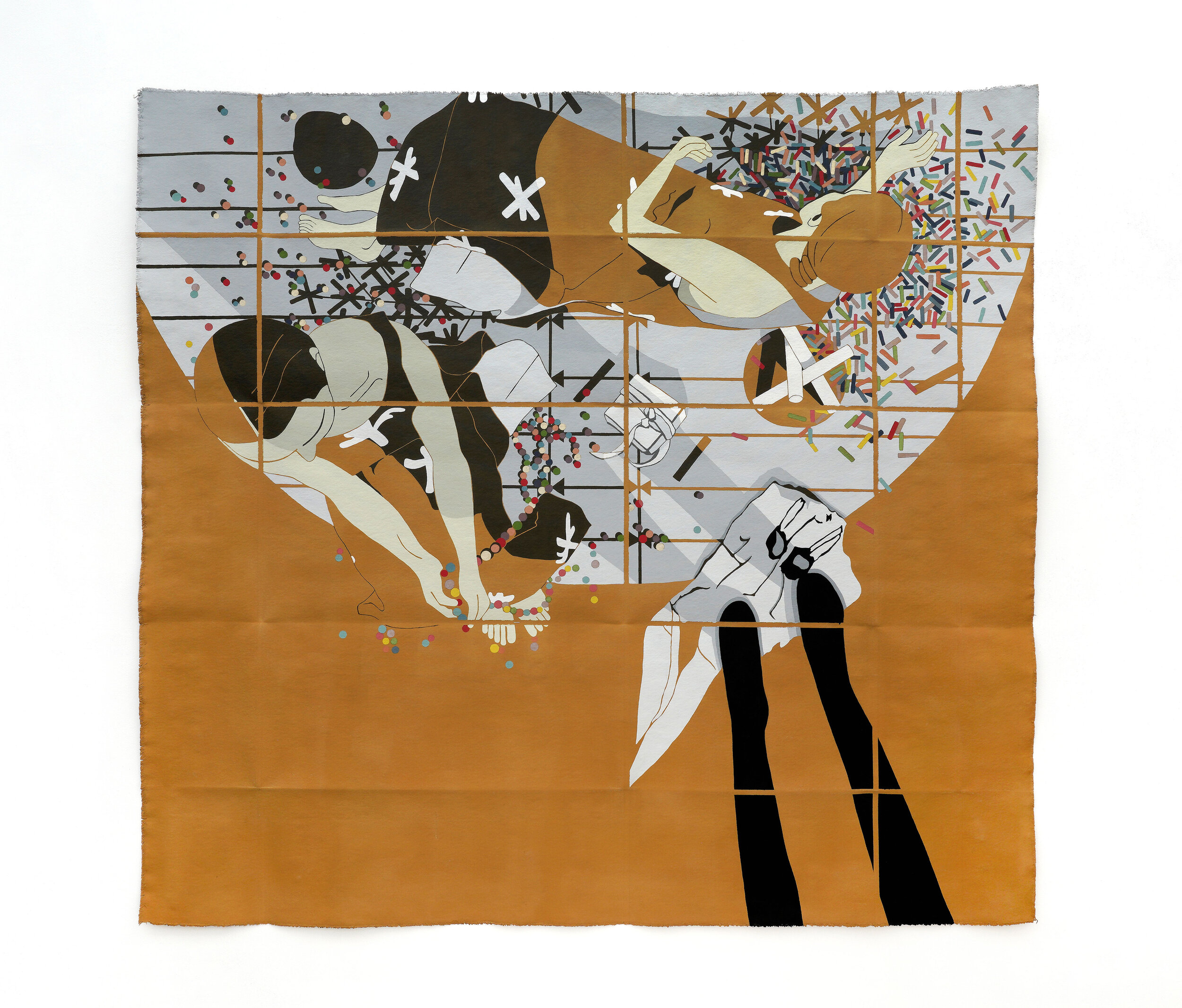 YFC, I (TF, two figures, feet) recto, 2021 58 x 59 inches Casein, acrylic, latex paint & gouache on canvas