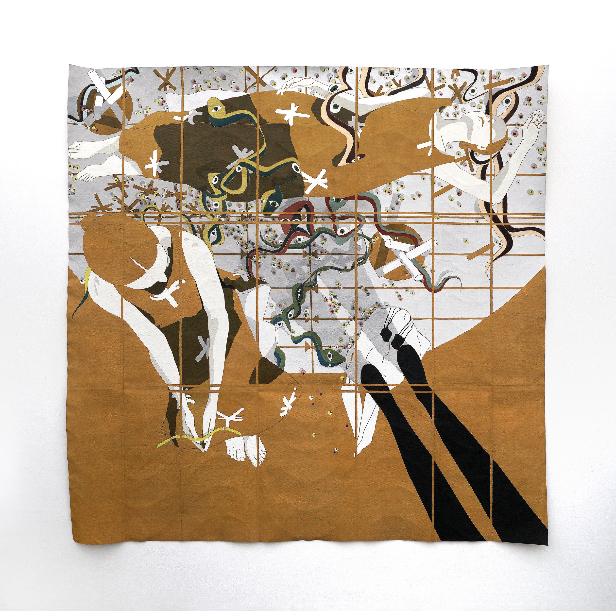 WYLMTYA (TF, two figures, feet), Recto, 2022 72 x 72 inches Casein, latex, acrylic, watercolor, and gouache on canvas
