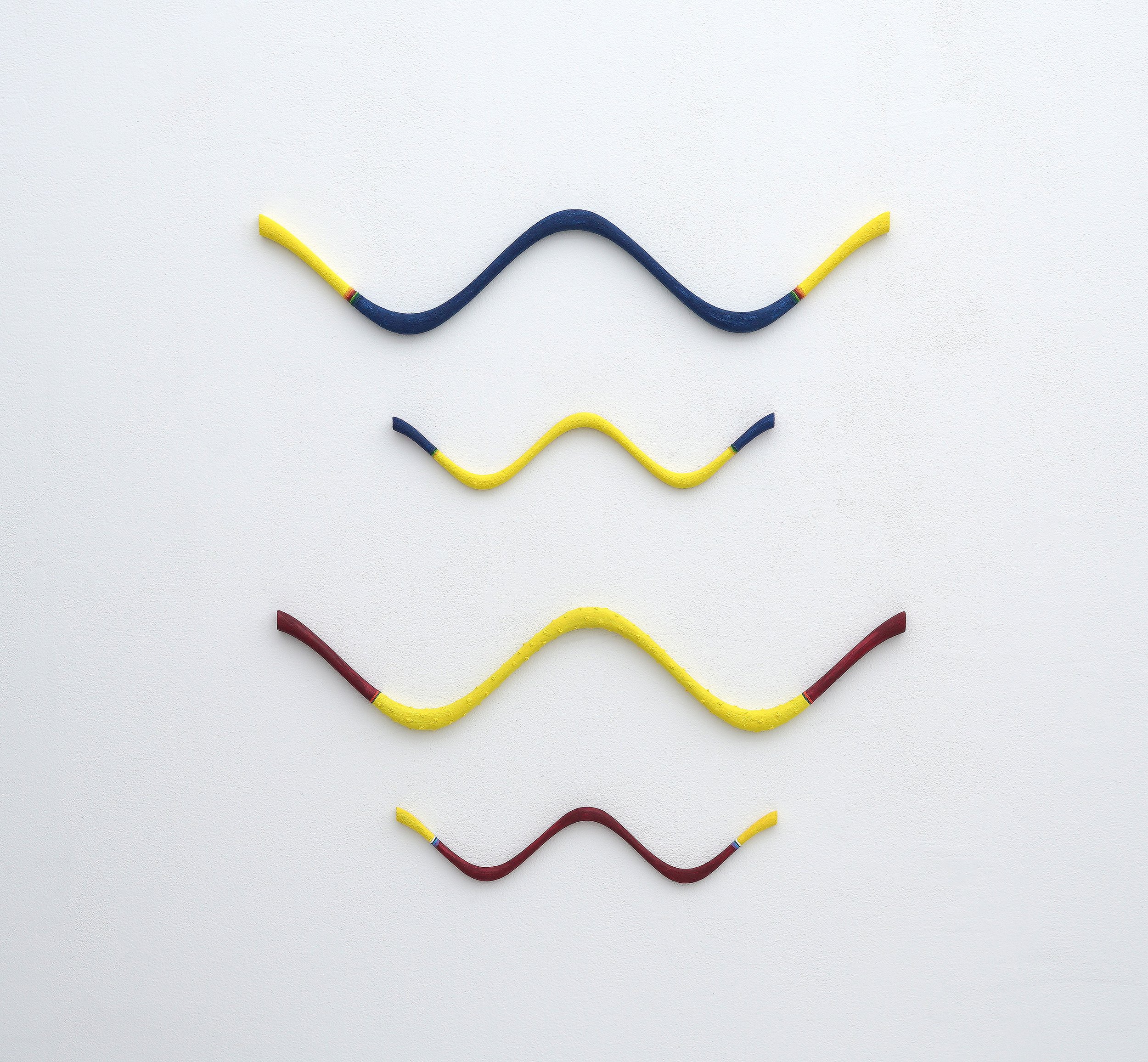 TC, Set 2, four lines: blue, yellow & yellow, burgundy, 2022 22 x 19 inches Acrylic on wood