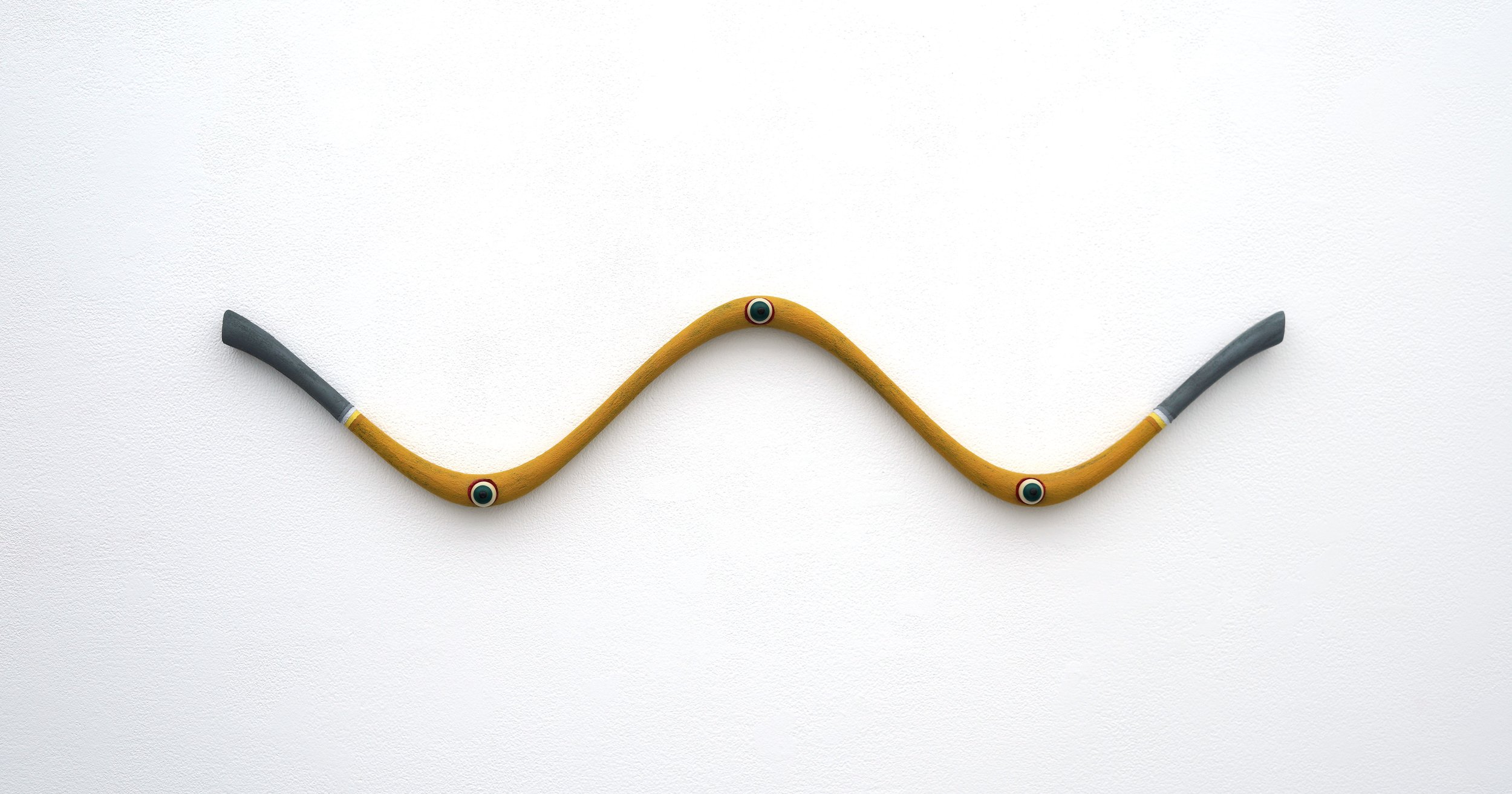 TC, Set 2, yellow, grey tips, 2022 24 x 5.75 inches Acrylic, metal, and plastic on wood