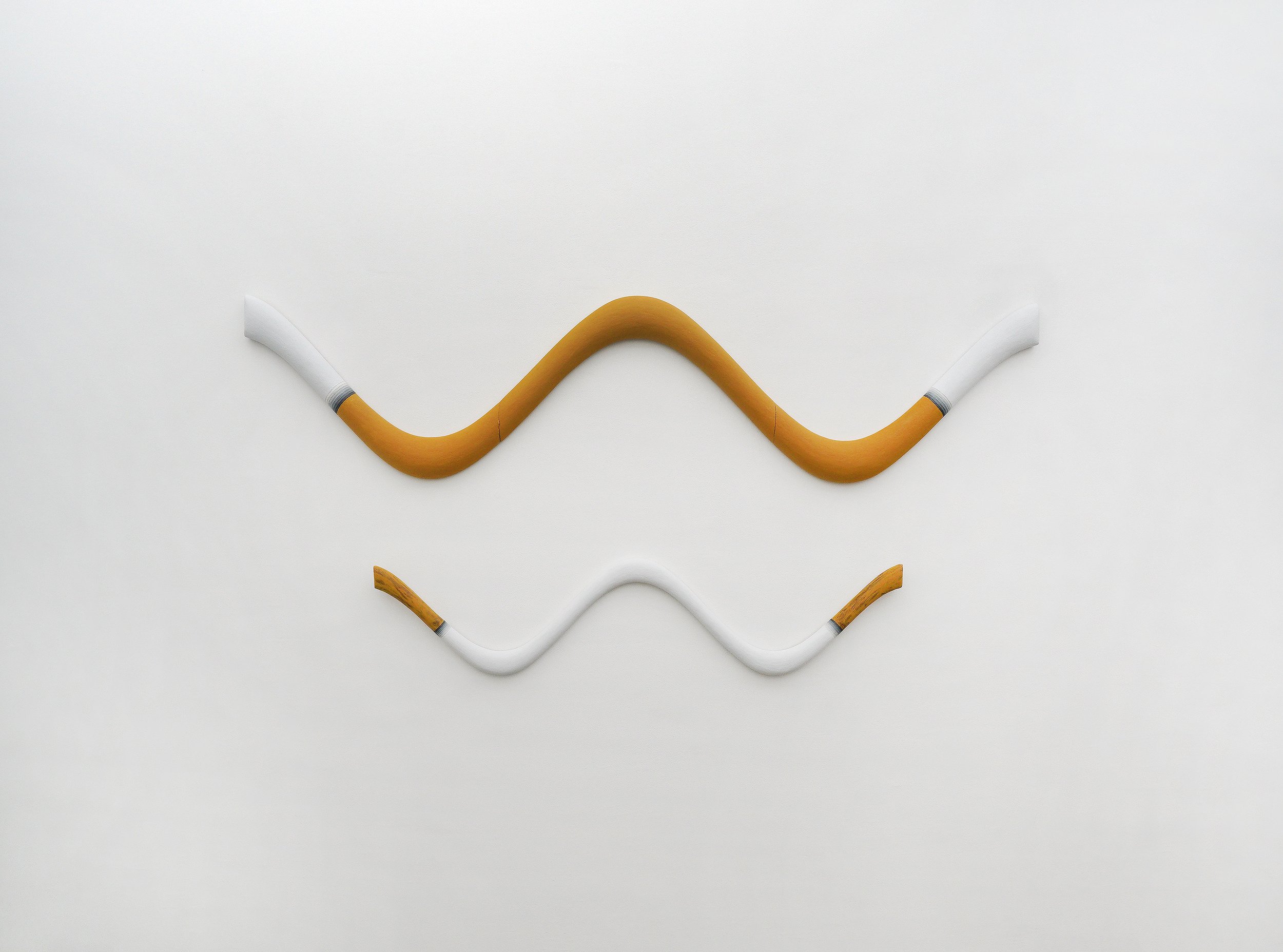 TC, ochre, white, grey stripe, diptych, 2022 75 x 18 and 50 x 12 inches Acrylic on wood, two lines