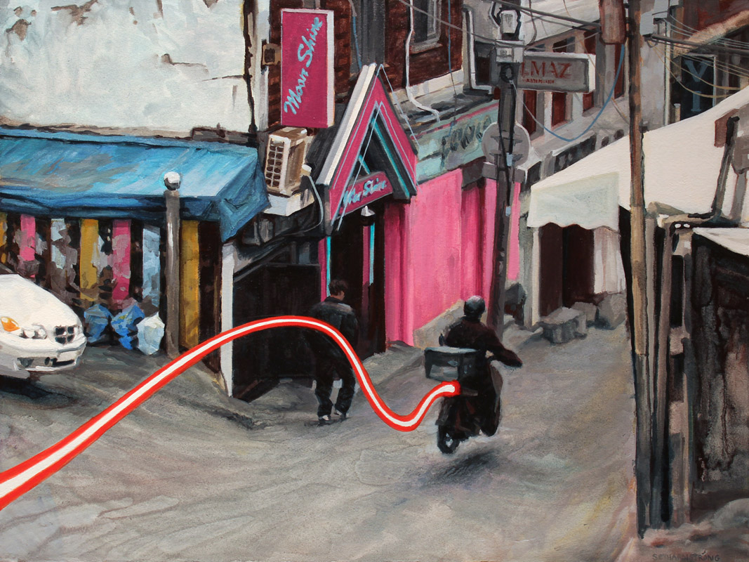 "Outside the Moonshine Club", Oil on paper on wood, 12 x 16 inches, 2015