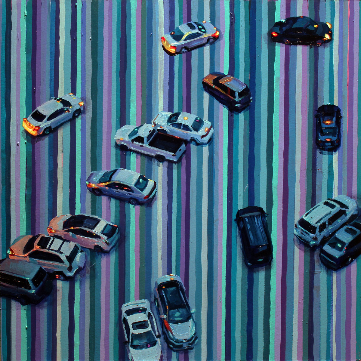 "Cars and Stripes", oil on paper adhered to wood, 2017&nbsp; 