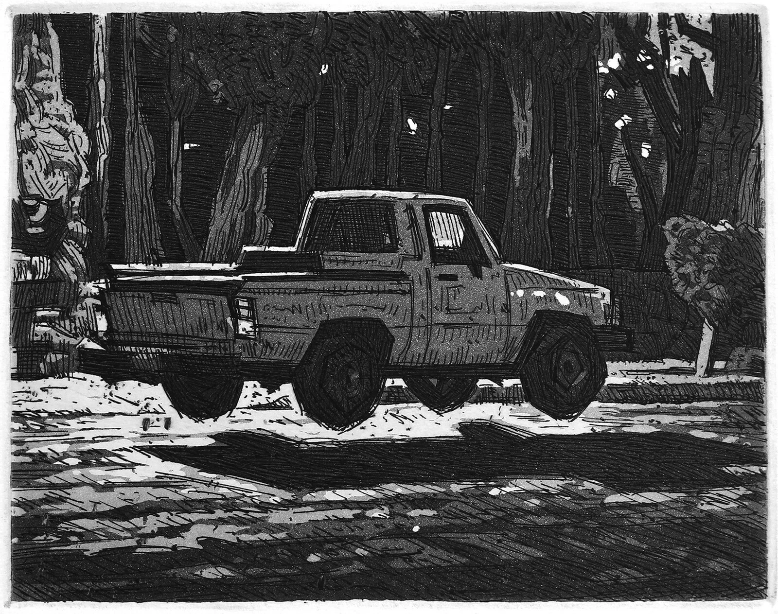 Zinc plate etching on Rives BFK 280g archival paper, 4 x 5 inches