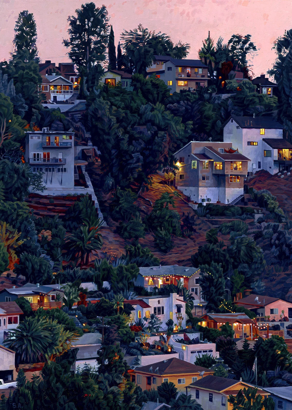 Oil painting on wood panel depicting a twilight hillside neighborhood with contemporary houses nestled among dense tropical vegetation.