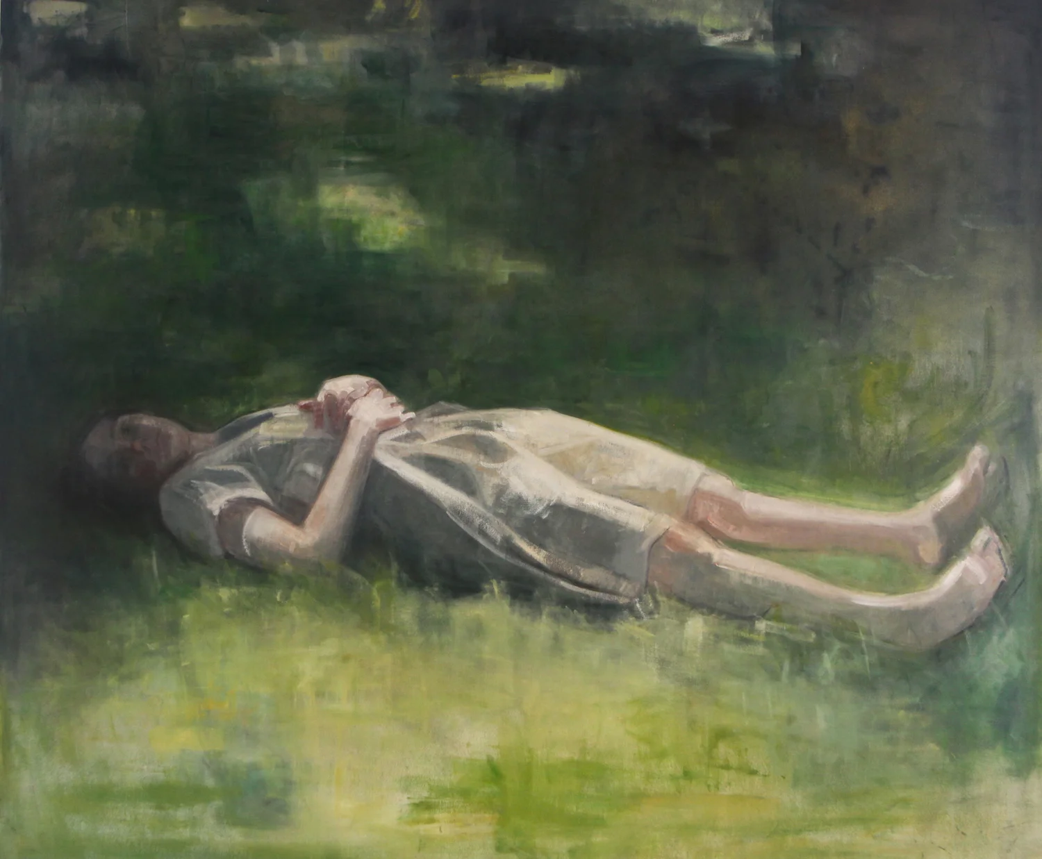 Self-Portrait (in grass), 64" x 76", Oil on canvas. 
