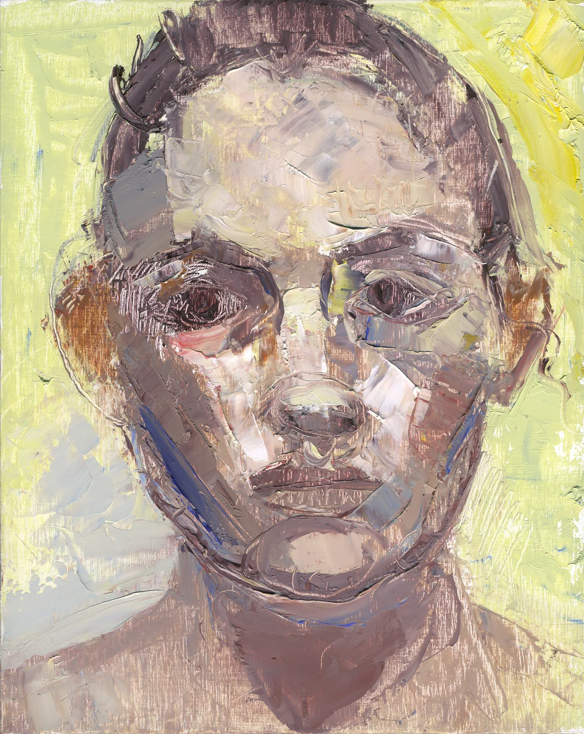 Self-portrait with palette knife #3, 10" x 8", Oil on panel.