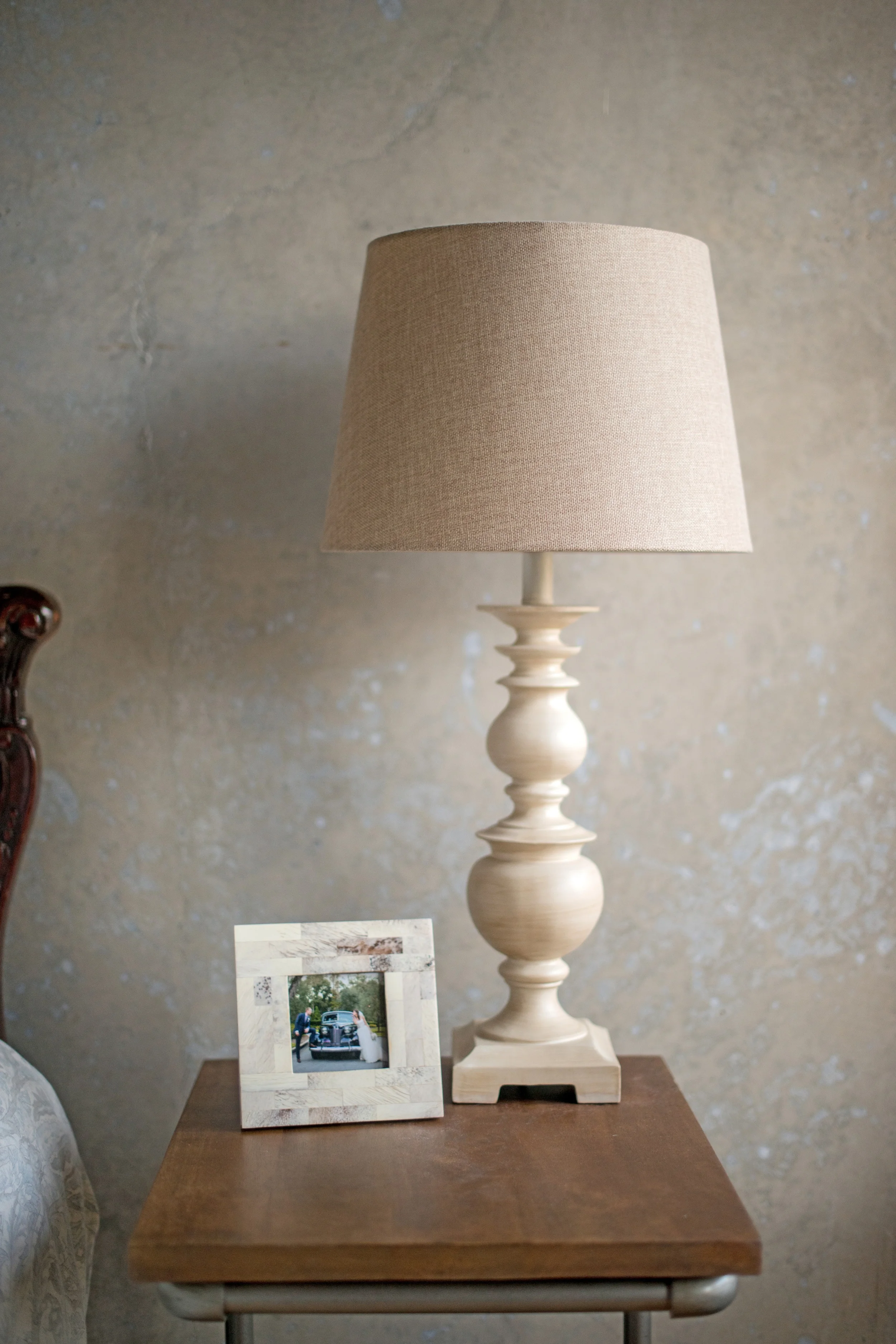 Lamp from Bed, Bath & Beyond End table from West Elm (selected after months of marriage searching for the right bedside table!)